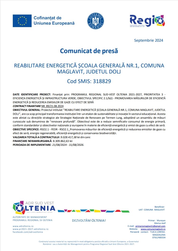 Comunicat de presă  REABILITARE ENERGETICĂ ȘCOALA GENERALĂ NR.1, COMUNA  MAGLAVIT, JUDETUL DOLJ