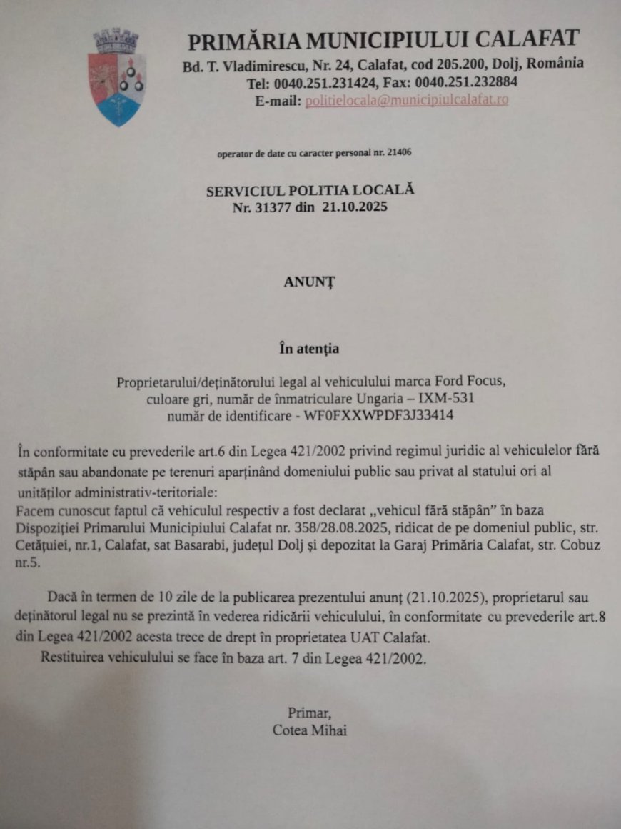 A început ridicarea mașinilor abandonate la Calafat