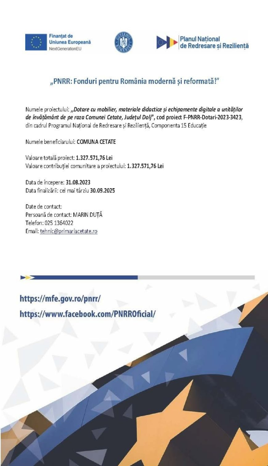 Dotare cu mobilier, materiale didactice și echipamente digitale pentru școlile din Cetate